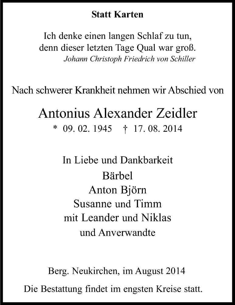  Traueranzeige für Antonius Alexander Zeidler vom 23.08.2014 aus Kölner Stadt-Anzeiger / Kölnische Rundschau / Express