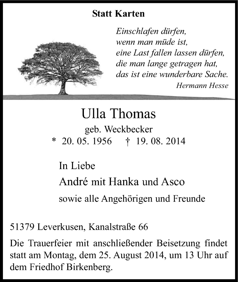  Traueranzeige für Ulla Thomas vom 22.08.2014 aus Kölner Stadt-Anzeiger / Kölnische Rundschau / Express