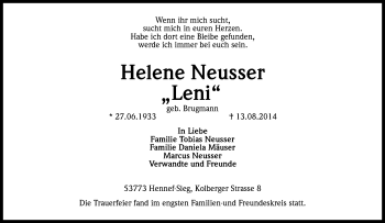Anzeige von Helene Leni Neusser von Kölner Stadt-Anzeiger / Kölnische Rundschau / Express