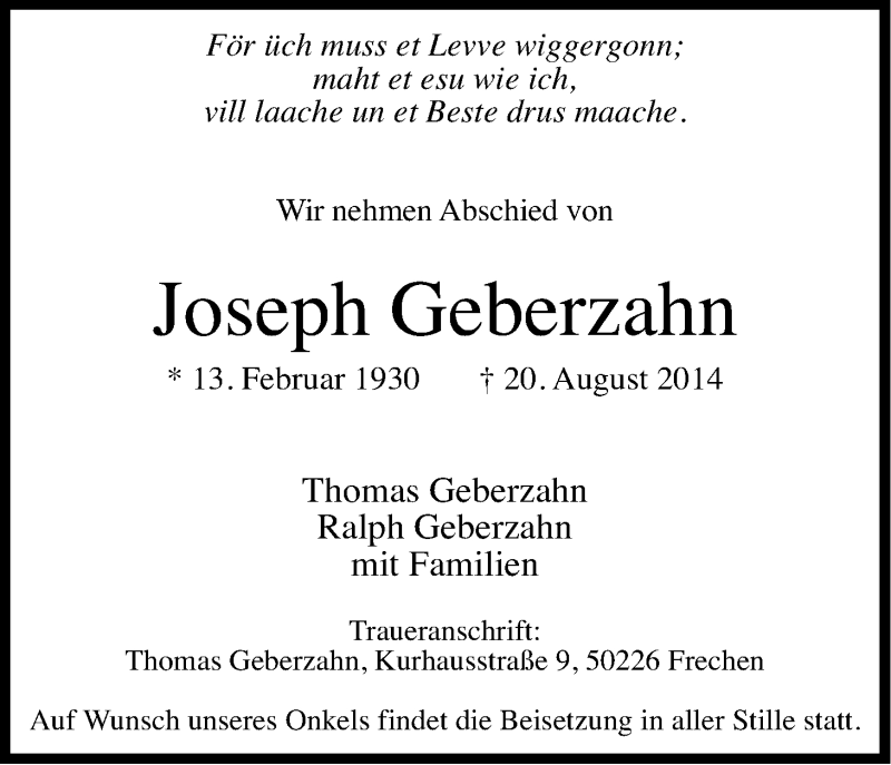  Traueranzeige für Joseph Geberzahn vom 23.08.2014 aus Kölner Stadt-Anzeiger / Kölnische Rundschau / Express