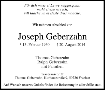 Anzeige von Joseph Geberzahn von Kölner Stadt-Anzeiger / Kölnische Rundschau / Express