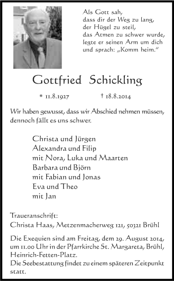 Anzeige von Gottfried Schickling von Kölner Stadt-Anzeiger / Kölnische Rundschau / Express