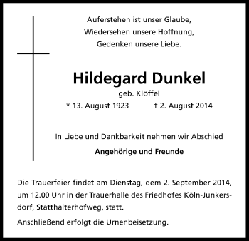 Anzeige von Hildegard Dunkel von Kölner Stadt-Anzeiger / Kölnische Rundschau / Express
