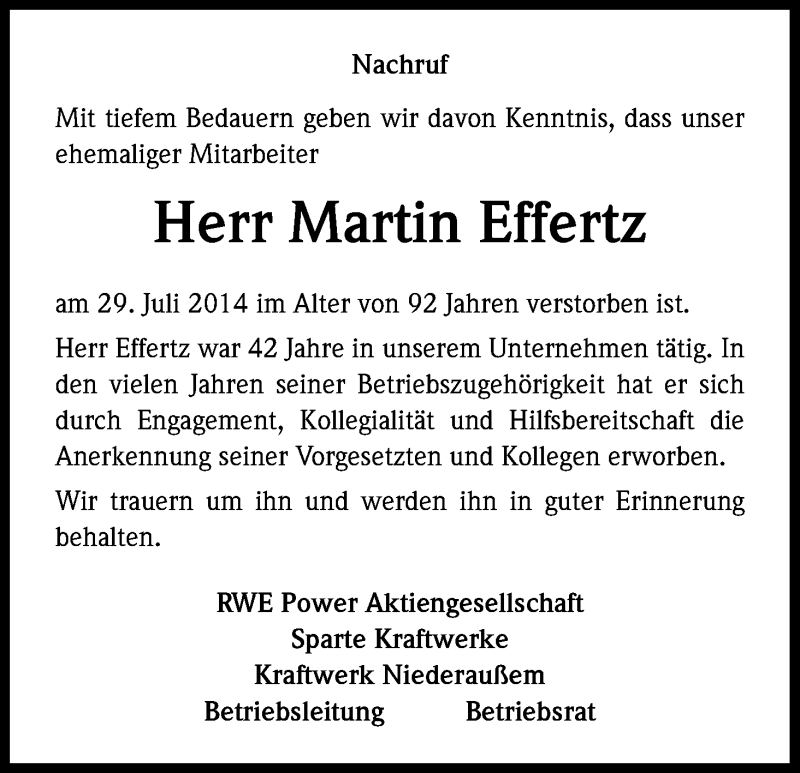  Traueranzeige für Martin Effertz vom 22.08.2014 aus Kölner Stadt-Anzeiger / Kölnische Rundschau / Express
