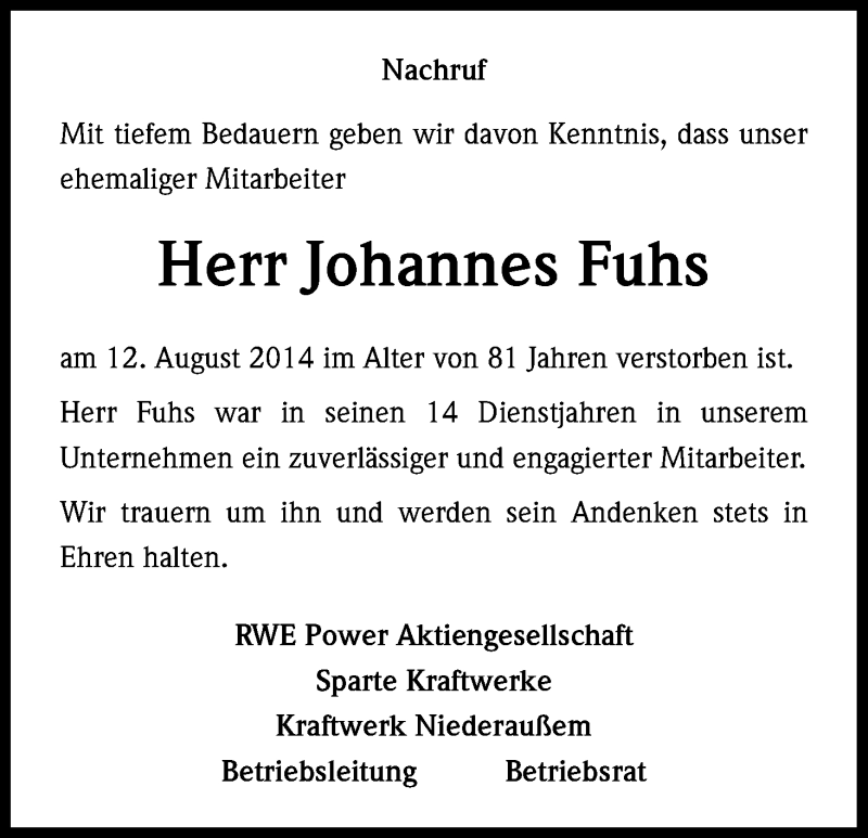  Traueranzeige für Johannes Fuhs vom 22.08.2014 aus Kölner Stadt-Anzeiger / Kölnische Rundschau / Express