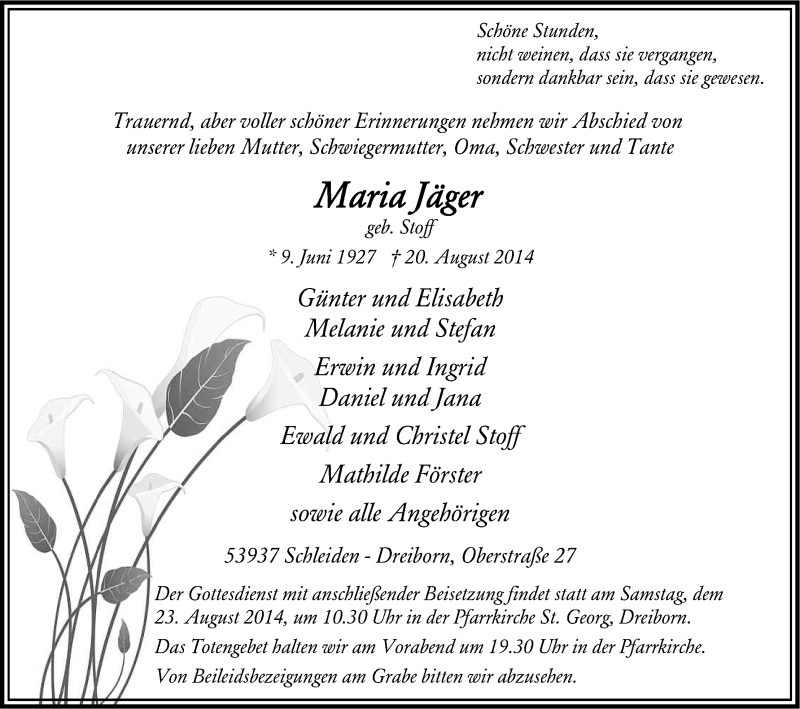  Traueranzeige für Maria Jäger vom 22.08.2014 aus Kölner Stadt-Anzeiger / Kölnische Rundschau / Express