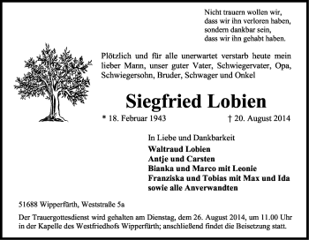 Anzeige von Siegfried Lobien von Kölner Stadt-Anzeiger / Kölnische Rundschau / Express
