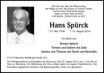 Anzeige von Hans Spürck von Kölner Stadt-Anzeiger / Kölnische Rundschau / Express