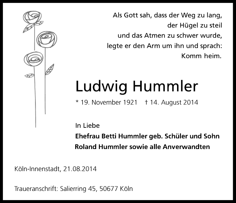  Traueranzeige für Ludwig Hummler vom 22.08.2014 aus Kölner Stadt-Anzeiger / Kölnische Rundschau / Express