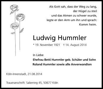 Anzeige von Ludwig Hummler von Kölner Stadt-Anzeiger / Kölnische Rundschau / Express