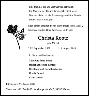 Anzeige von Christa Kootz von Kölner Stadt-Anzeiger / Kölnische Rundschau / Express