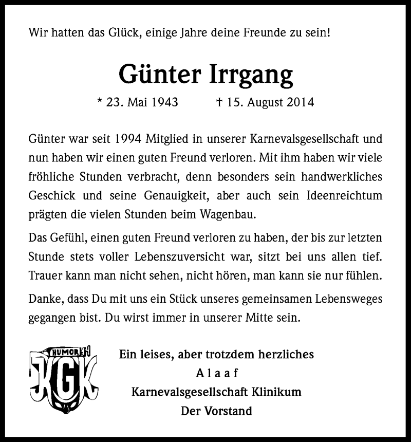  Traueranzeige für Günter Irrgang vom 22.08.2014 aus Kölner Stadt-Anzeiger / Kölnische Rundschau / Express
