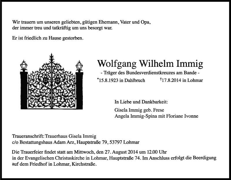  Traueranzeige für Wolfgang Wilhelm Immig vom 23.08.2014 aus Kölner Stadt-Anzeiger / Kölnische Rundschau / Express
