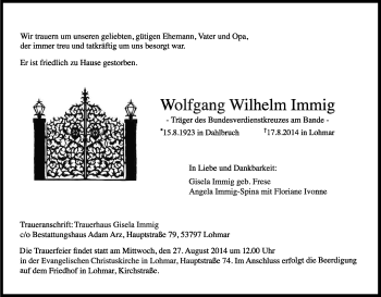 Anzeige von Wolfgang Wilhelm Immig von Kölner Stadt-Anzeiger / Kölnische Rundschau / Express