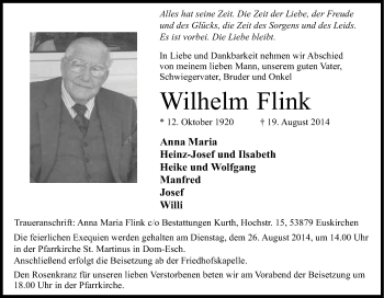 Anzeige von Wilhelm Flink von Kölner Stadt-Anzeiger / Kölnische Rundschau / Express
