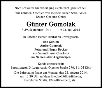 Anzeige von Günter Gomolak von Kölner Stadt-Anzeiger / Kölnische Rundschau / Express