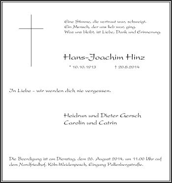 Anzeige von Hans-Joachim Hinz von Kölner Stadt-Anzeiger / Kölnische Rundschau / Express