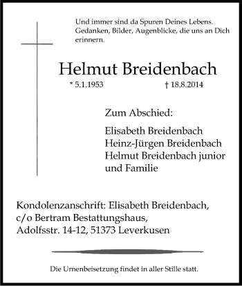 Anzeige von Helmut Breidenbach von Kölner Stadt-Anzeiger / Kölnische Rundschau / Express
