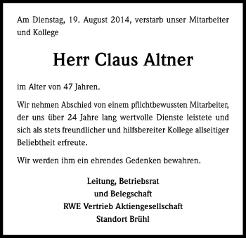 Anzeige von Claus Altner von Kölner Stadt-Anzeiger / Kölnische Rundschau / Express
