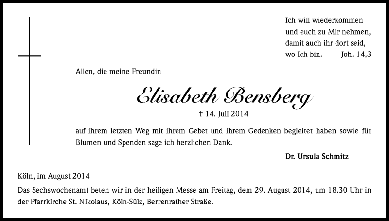  Traueranzeige für Elisabeth Bensberg vom 23.08.2014 aus Kölner Stadt-Anzeiger / Kölnische Rundschau / Express