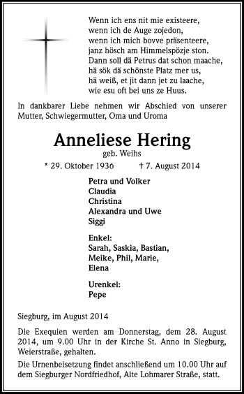 Anzeige von Anneliese Hering von Kölner Stadt-Anzeiger / Kölnische Rundschau / Express