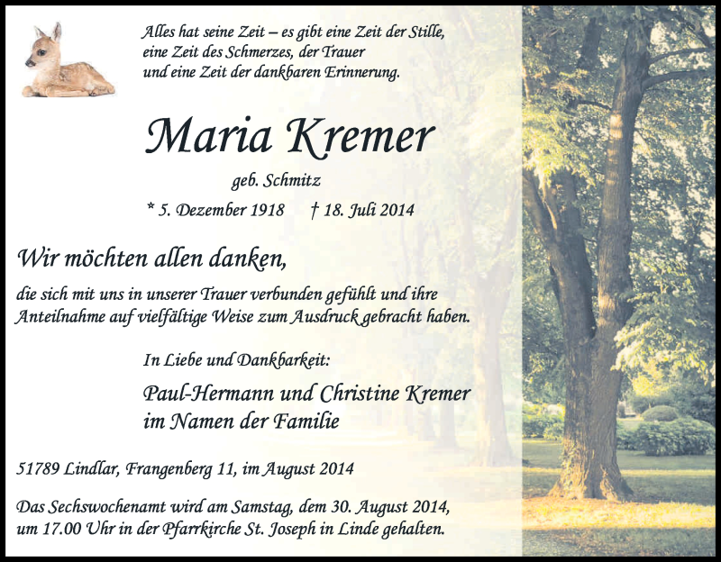  Traueranzeige für Maria Kremer vom 23.08.2014 aus Kölner Stadt-Anzeiger / Kölnische Rundschau / Express