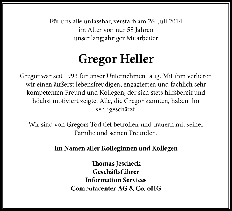  Traueranzeige für Gregor Heller vom 23.08.2014 aus Kölner Stadt-Anzeiger / Kölnische Rundschau / Express