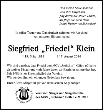 Anzeige von Siegfried Klein von Kölner Stadt-Anzeiger / Kölnische Rundschau / Express