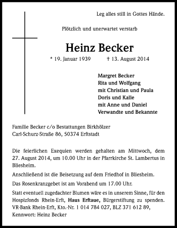 Anzeige von Heinz Becker von Kölner Stadt-Anzeiger / Kölnische Rundschau / Express