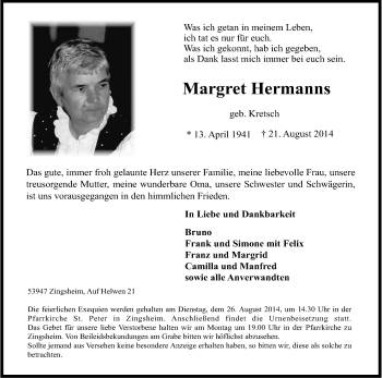 Anzeige von Margret Hermanns von Kölner Stadt-Anzeiger / Kölnische Rundschau / Express