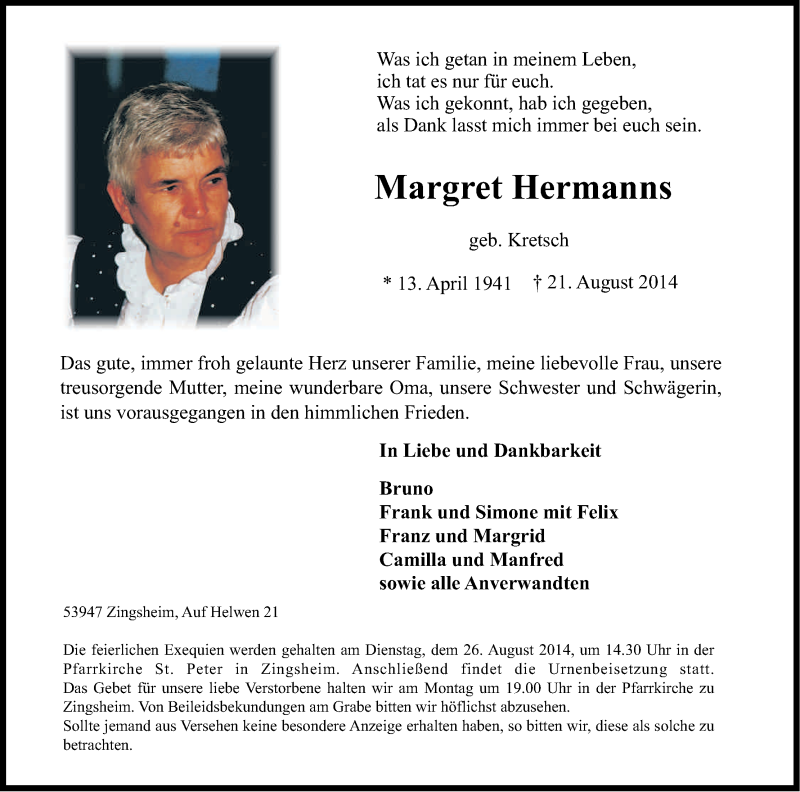  Traueranzeige für Margret Hermanns vom 25.08.2014 aus Kölner Stadt-Anzeiger / Kölnische Rundschau / Express