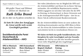 Anzeige von Ruth Erika Brand von Kölner Stadt-Anzeiger / Kölnische Rundschau / Express