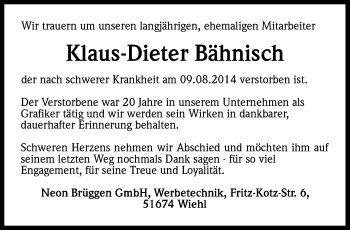 Anzeige von Klaus-Dieter Bähnisch von Kölner Stadt-Anzeiger / Kölnische Rundschau / Express