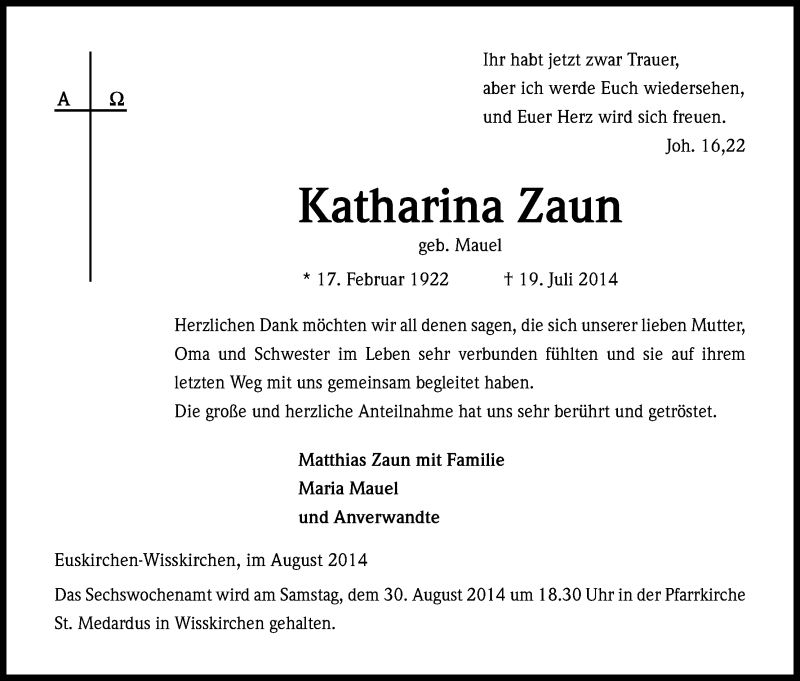  Traueranzeige für Katharina  Zaun vom 27.08.2014 aus Kölner Stadt-Anzeiger / Kölnische Rundschau / Express