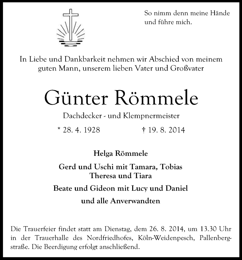  Traueranzeige für Günter Römmele vom 23.08.2014 aus Kölner Stadt-Anzeiger / Kölnische Rundschau / Express