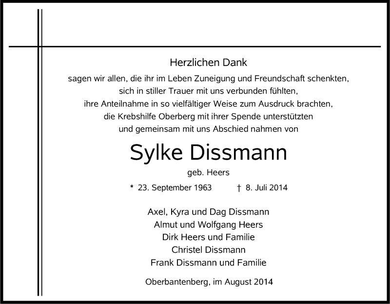  Traueranzeige für Sylke Dissmann vom 23.08.2014 aus Kölner Stadt-Anzeiger / Kölnische Rundschau / Express
