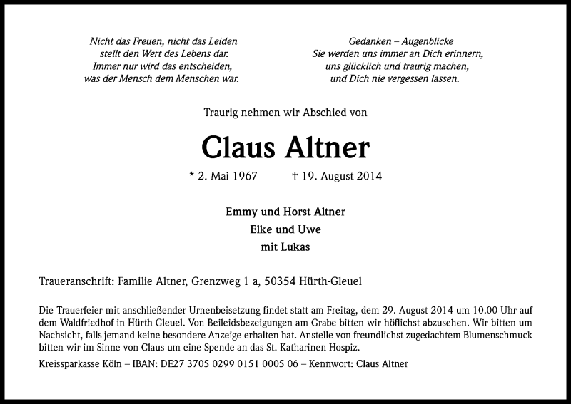  Traueranzeige für Claus Altner vom 23.08.2014 aus Kölner Stadt-Anzeiger / Kölnische Rundschau / Express