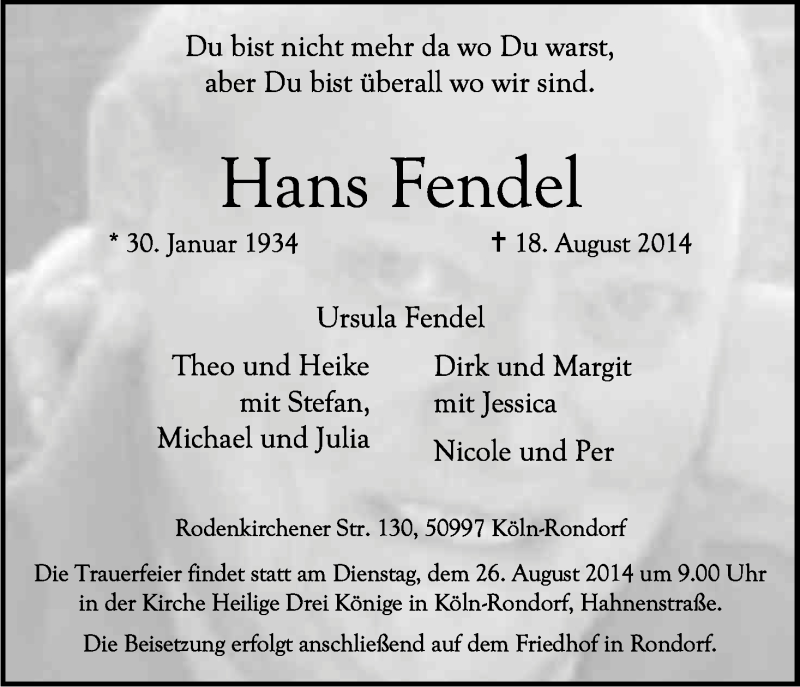  Traueranzeige für Hans Fendel vom 23.08.2014 aus Kölner Stadt-Anzeiger / Kölnische Rundschau / Express