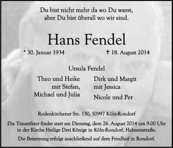 Anzeige von Hans Fendel von Kölner Stadt-Anzeiger / Kölnische Rundschau / Express