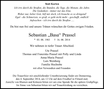Anzeige von Sebastian Prassel von Kölner Stadt-Anzeiger / Kölnische Rundschau / Express