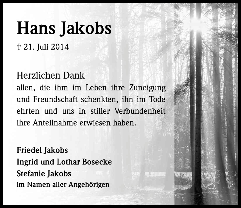  Traueranzeige für Hans Jakobs vom 13.09.2014 aus Kölner Stadt-Anzeiger / Kölnische Rundschau / Express