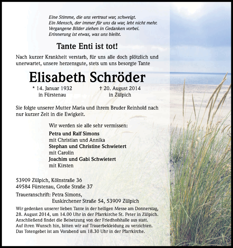  Traueranzeige für Elisabeth Schröder vom 23.08.2014 aus Kölner Stadt-Anzeiger / Kölnische Rundschau / Express