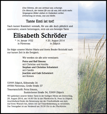 Anzeige von Elisabeth Schröder von Kölner Stadt-Anzeiger / Kölnische Rundschau / Express
