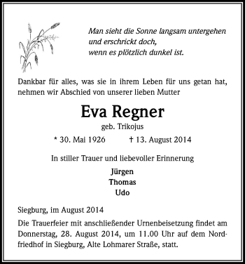 Anzeige von Eva Regner von Kölner Stadt-Anzeiger / Kölnische Rundschau / Express