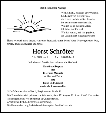Anzeige von Horst Schröter von Kölner Stadt-Anzeiger / Kölnische Rundschau / Express