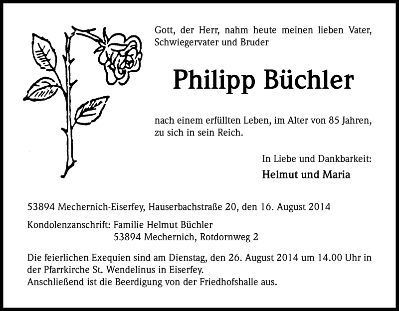  Traueranzeige für Philipp Büchler vom 23.08.2014 aus Kölner Stadt-Anzeiger / Kölnische Rundschau / Express