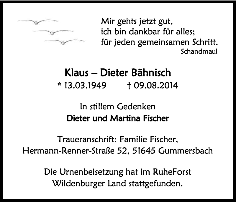  Traueranzeige für Klaus-Dieter Bähnisch vom 23.08.2014 aus Kölner Stadt-Anzeiger / Kölnische Rundschau / Express