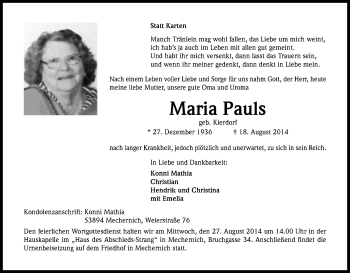 Anzeige von Maria Pauls von Kölner Stadt-Anzeiger / Kölnische Rundschau / Express