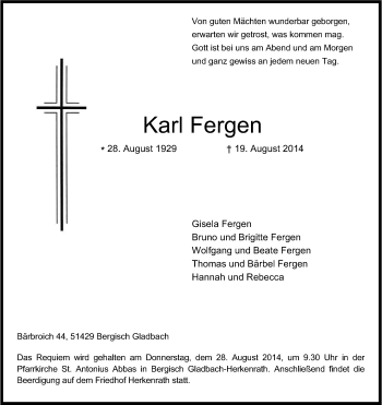 Anzeige von Karl Fergen von Kölner Stadt-Anzeiger / Kölnische Rundschau / Express