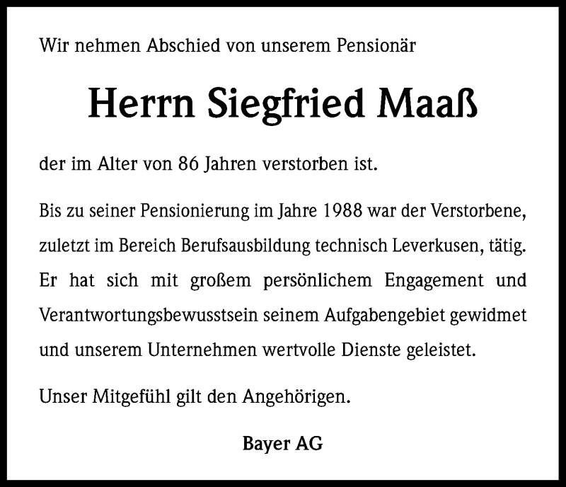  Traueranzeige für Siegfried Maaß vom 25.08.2014 aus Kölner Stadt-Anzeiger / Kölnische Rundschau / Express
